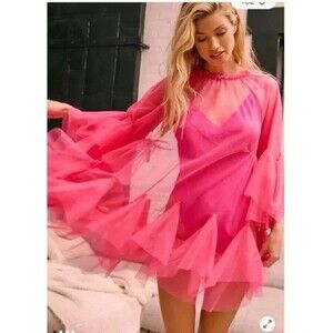 NWT Anthropologie Maeve Hot Pink Tulle Layer Oversized Mini Dress Size L / XL